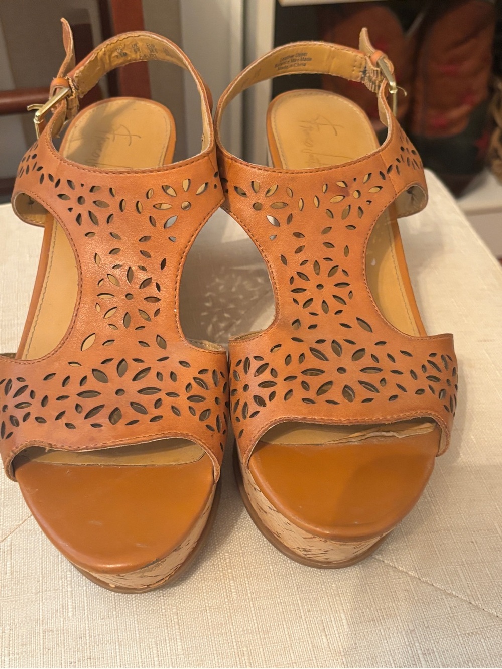 Franco Sarto Tan Laser-Cut Leather Wedge Sandals